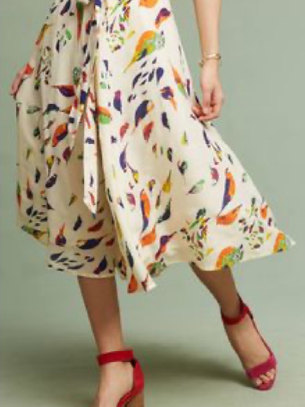 Anthropologie porridge Cream Floral Midi Skirt with Multicolor Print birds S - Picture 2 of 11